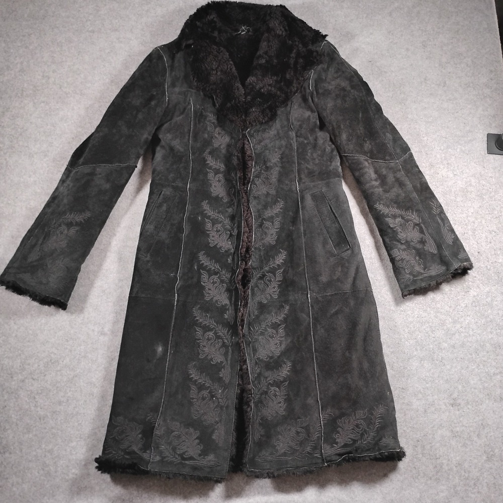 Express Suede Afghan Penny Lane Coat Women Medium Black Embroidered Faux Fur Y2K